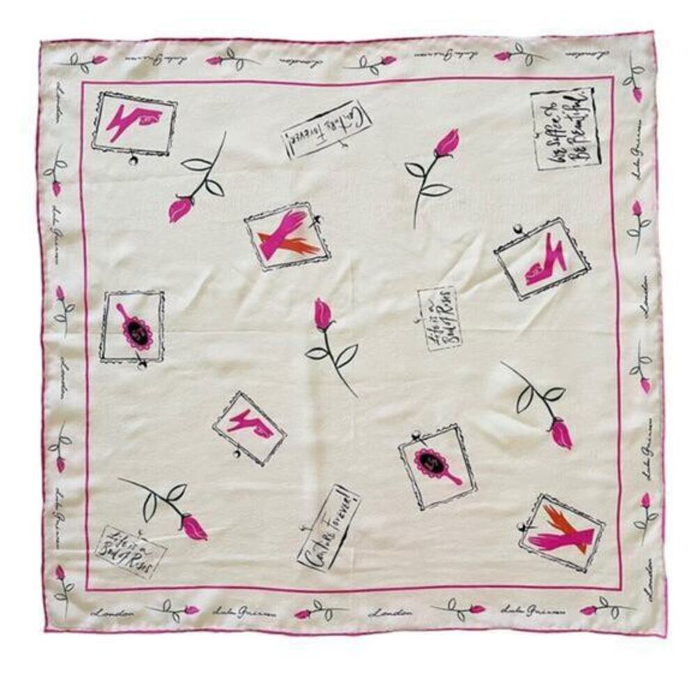 Lulu Guinness "We Suffer to Be Beautiful" Pink White Silk Square Scarf - Picture 1 of 9